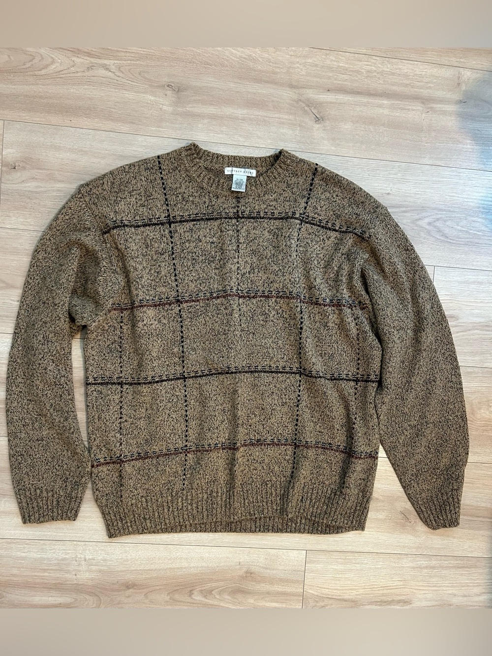 Geoffrey Beene Brown Windowpane Crewneck Sweater with Subtle Black Grid